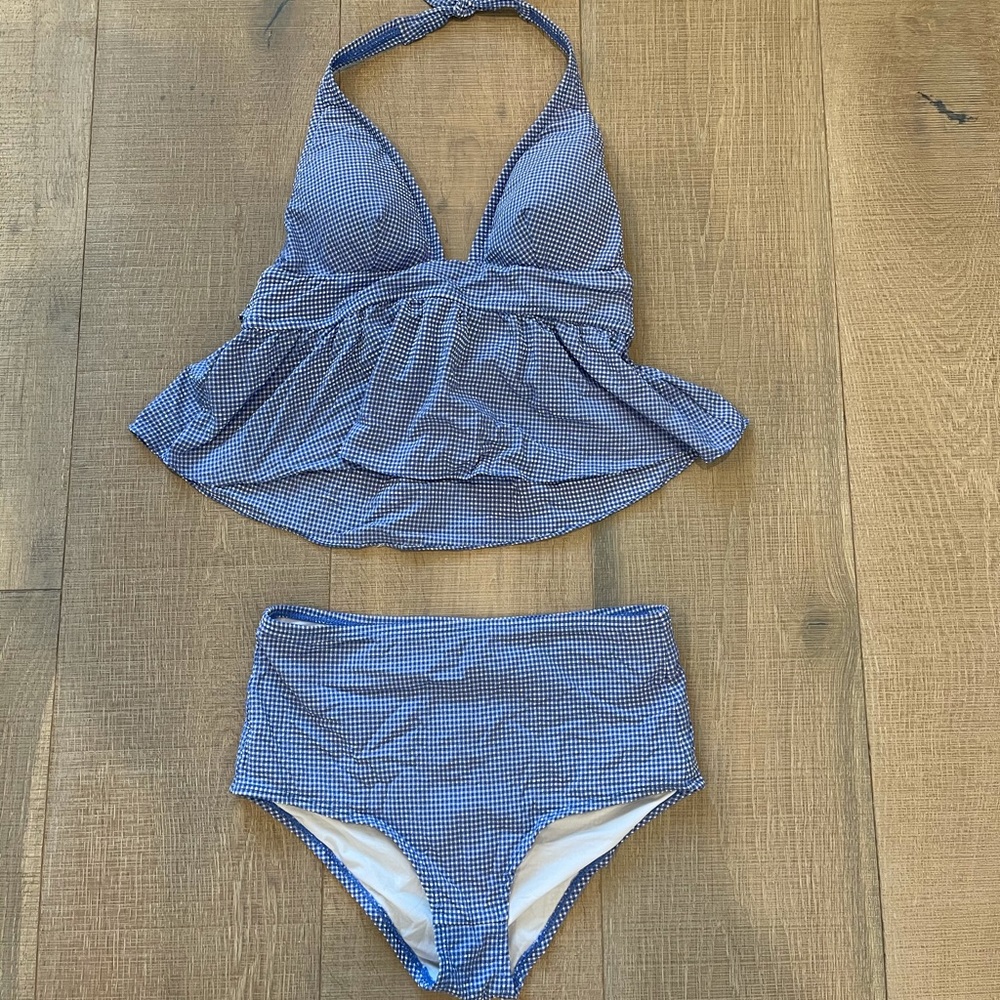 J. Crew 2 piece white and blue gingham swimsuit